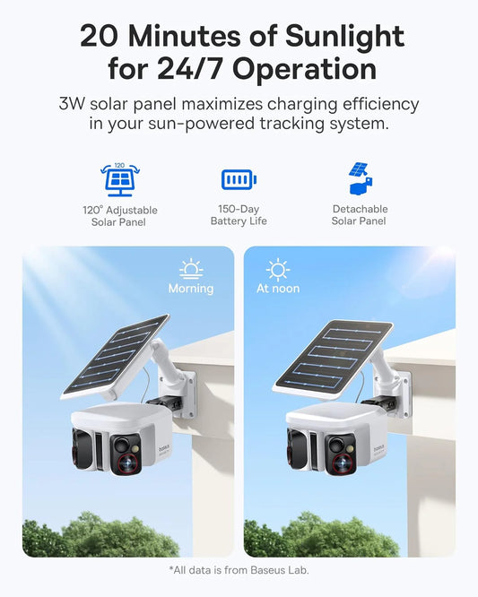 Dual-track tracking solar-powered security camera, dual 3K AI cameras, color night vision capability, IP65 protection rating
