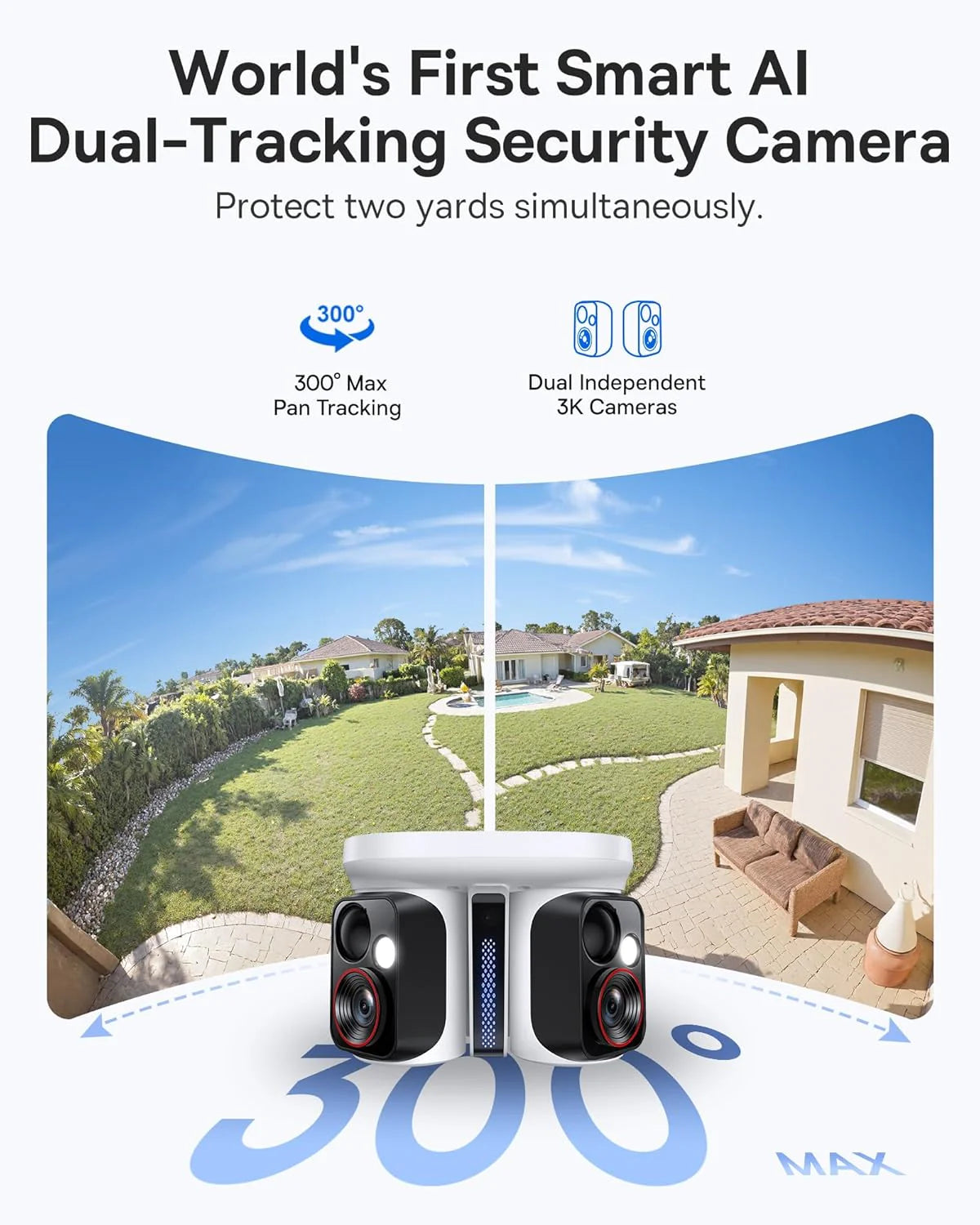 Dual-track tracking solar-powered security camera, dual 3K AI cameras, color night vision capability, IP65 protection rating