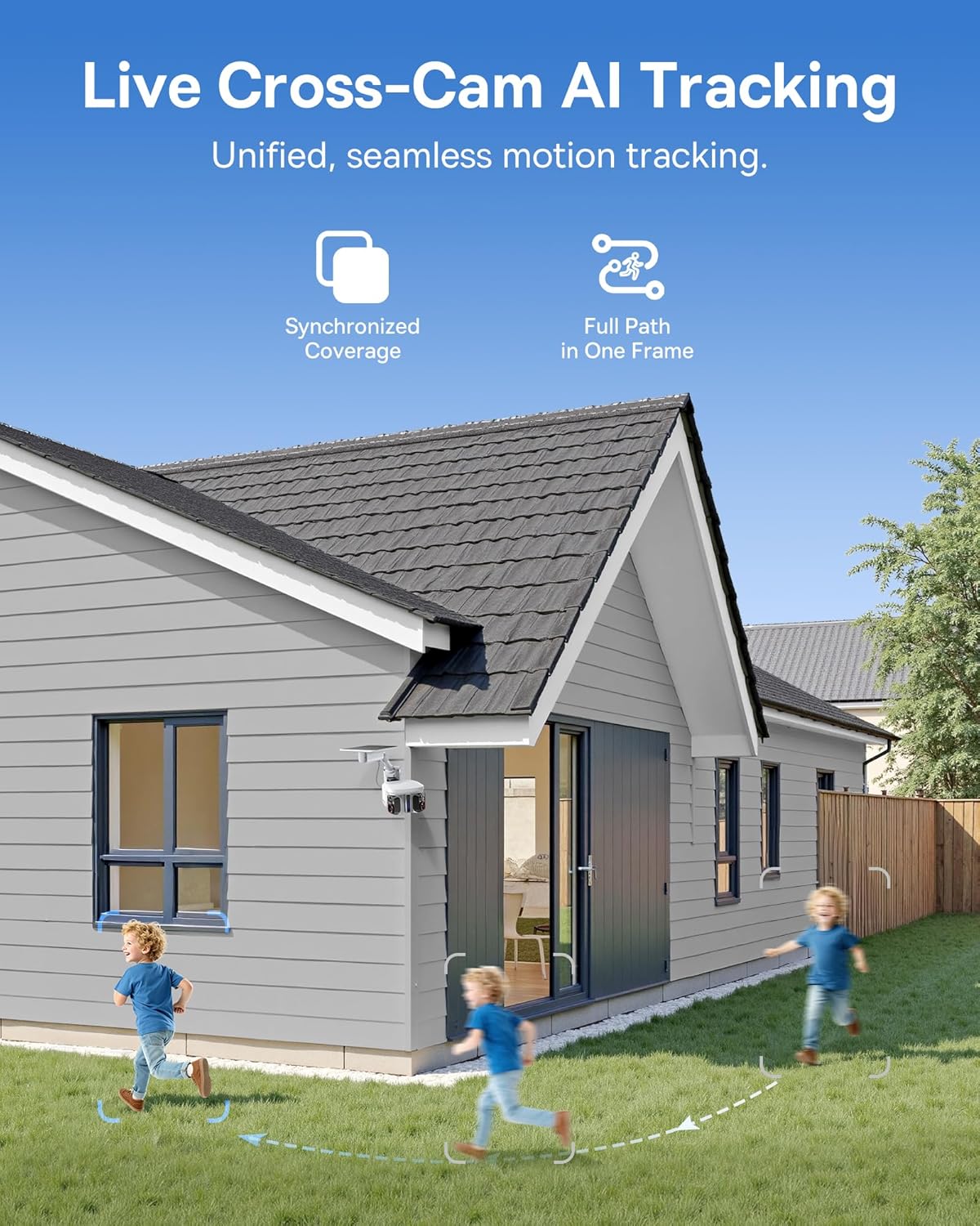 Dual-track tracking solar-powered security camera, dual 3K AI cameras, color night vision capability, IP65 protection rating