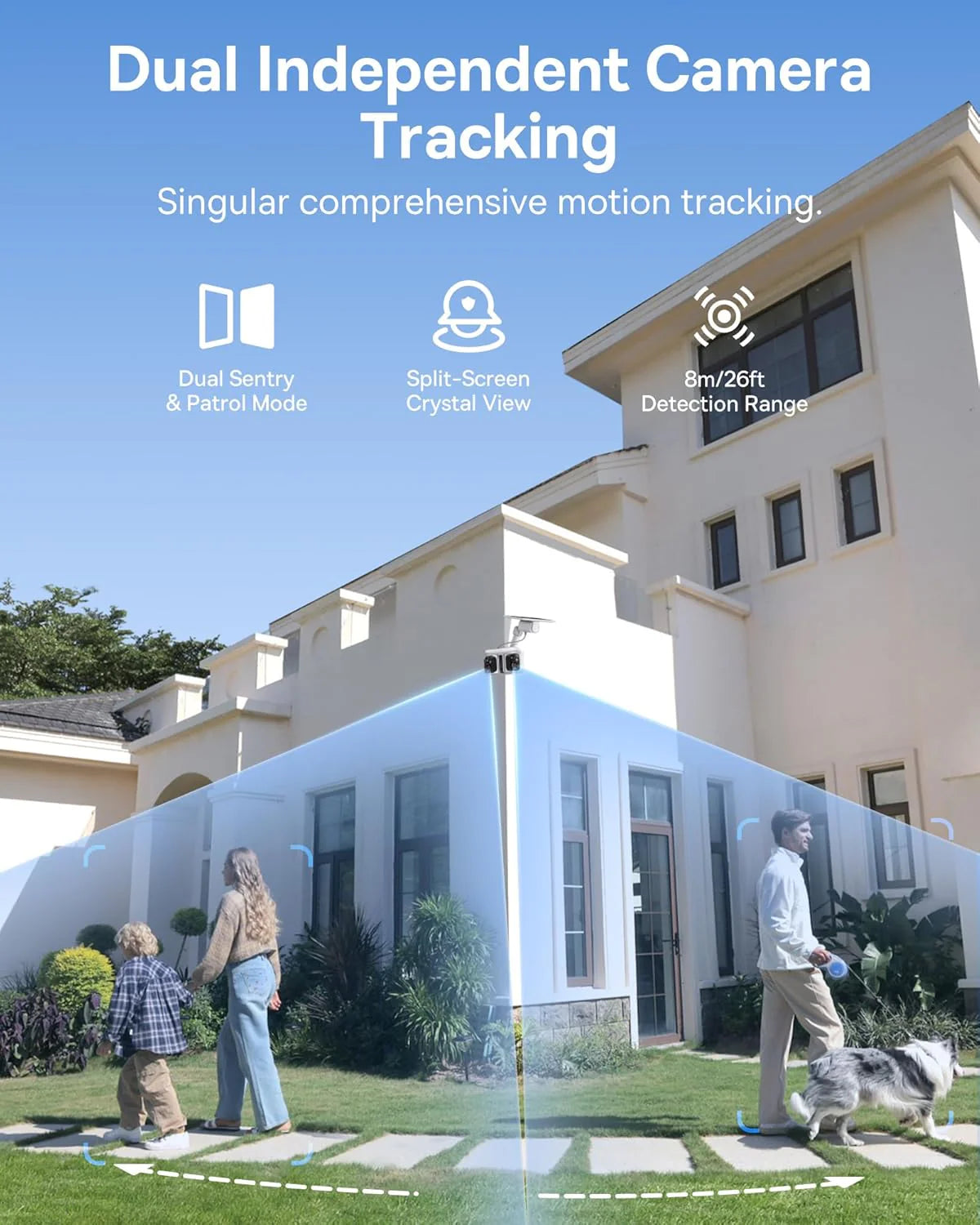 Dual-track tracking solar-powered security camera, dual 3K AI cameras, color night vision capability, IP65 protection rating