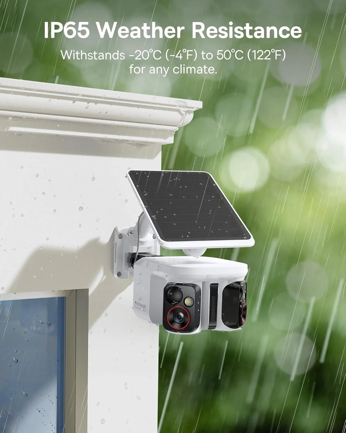 Dual-track tracking solar-powered security camera, dual 3K AI cameras, color night vision capability, IP65 protection rating